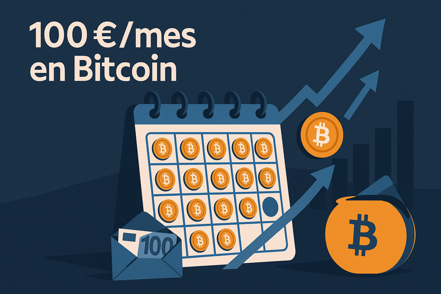 Invertir 100 €/mes (≈110 $) en Bitcoin con DCA — calendario mensual, gráfico en ascenso y monedas BTC